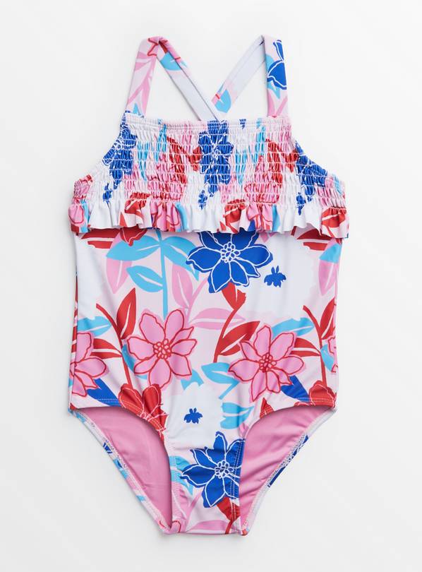 Pink Floral Print Smocked Swimsuit 10 years
